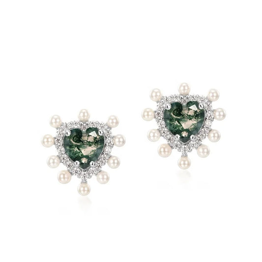 Dainty Real Silver Gemstone Stud Earrings Bling Zircon Cute Heart Shape Moss Agate Earring Jewelry For Girls