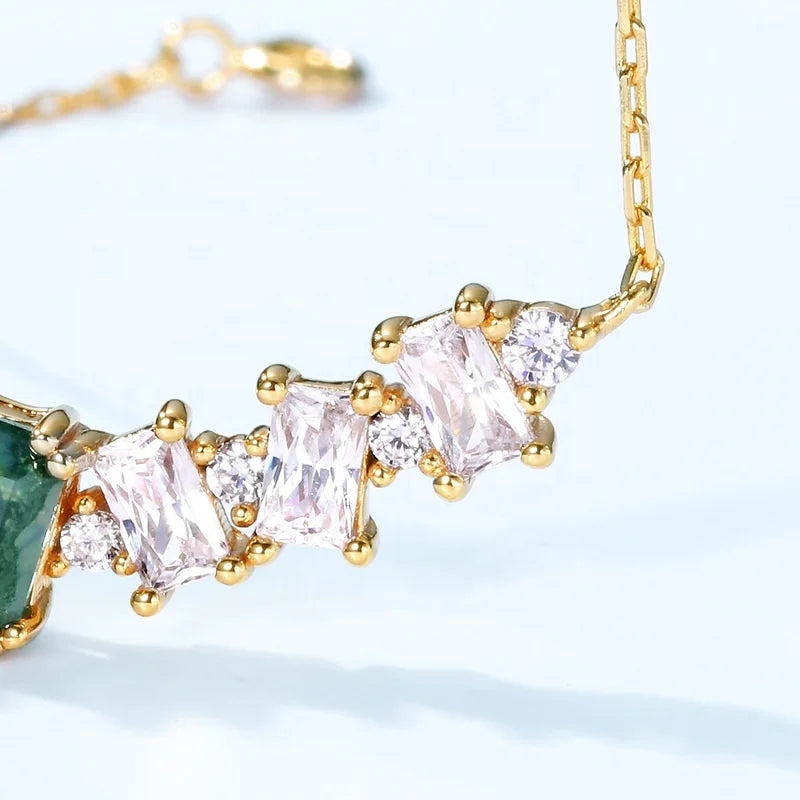 Luxury Jewelry Natural Moss Agate Crystals Pendant Shiny Baguette Zircon Rectangle Green Gemstone Pendant Necklace For Women