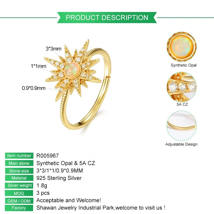 Fashion women gold vermeil created jewellery sun star 925 silver synthetic opal ring