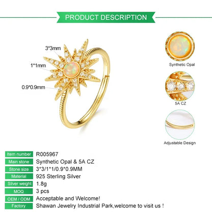 Fashion women gold vermeil created jewellery sun star 925 silver synthetic opal ring