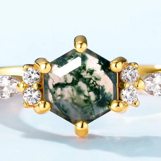 Custom Moss Agate Ring Rose Gold Plating Vintage Sterling Silver Wedding Engagement Bride Unique Gift Fine Jewelry