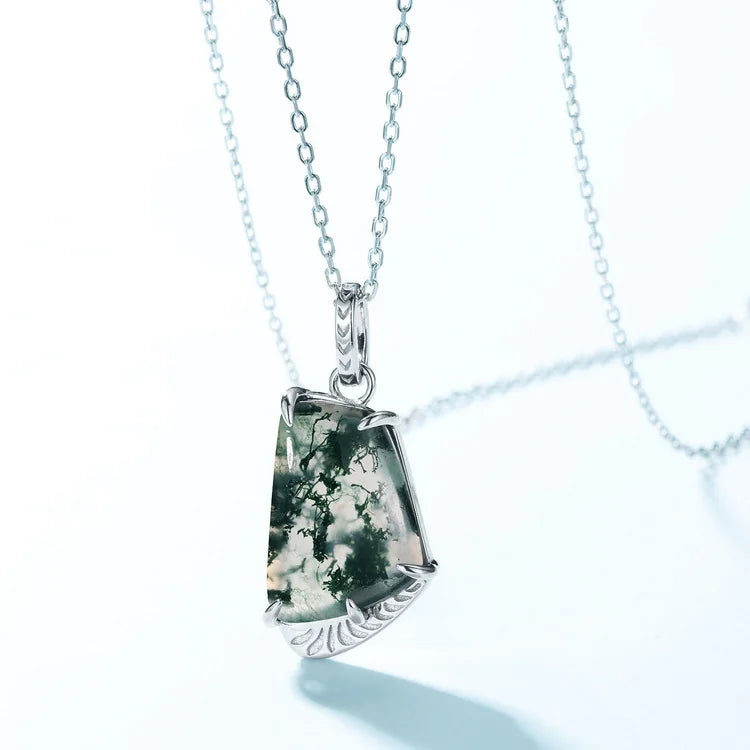 New Design Wholesale Price Jewelry Exquisite Sterling Silver 925 Dainty Chain Natural Green Moss Agate Pendant