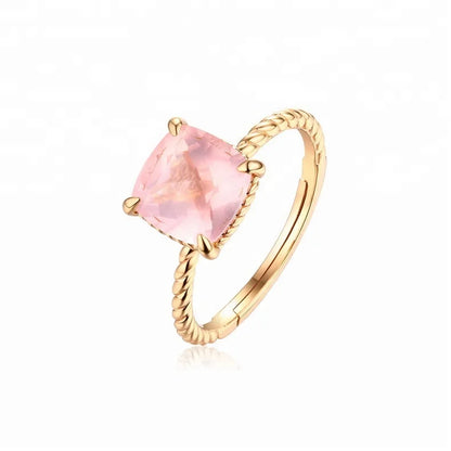 Fashion girl single stone finger ring design, 925 silver pink square natural rose quartz ring