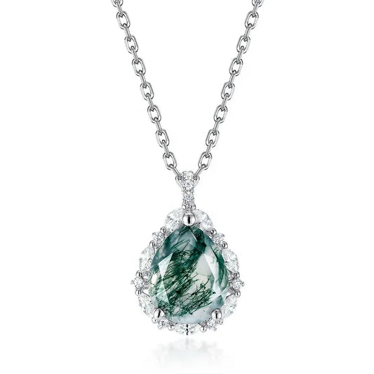 Genuine Green Agate Gemstone Necklace Pure Silver 925 Water Droplets Pear Shape Crystal Moss Agate Pendant Necklace