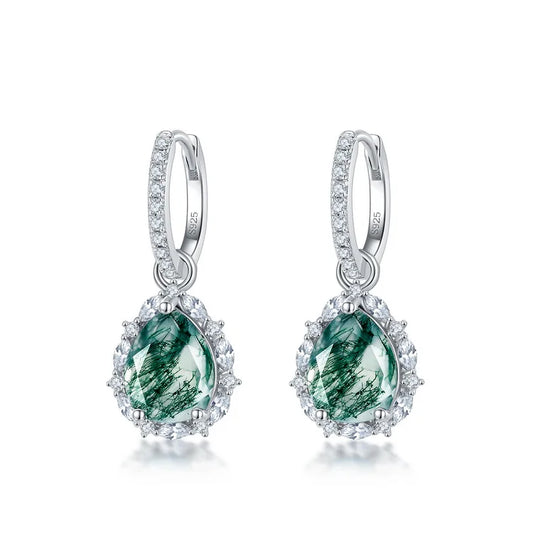 925 Sterling Silver Clear Cubic Zirconia Huggie Hoop Pear Shaped Green Moss Agate Teardrops Dangle Earrings For Women