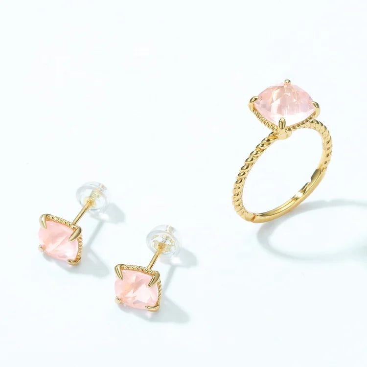 Fashion girl single stone finger ring design, 925 silver pink square natural rose quartz ring