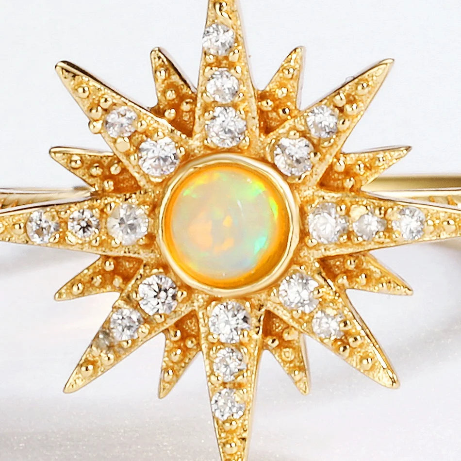 Fashion women gold vermeil created jewellery sun star 925 silver synthetic opal ring