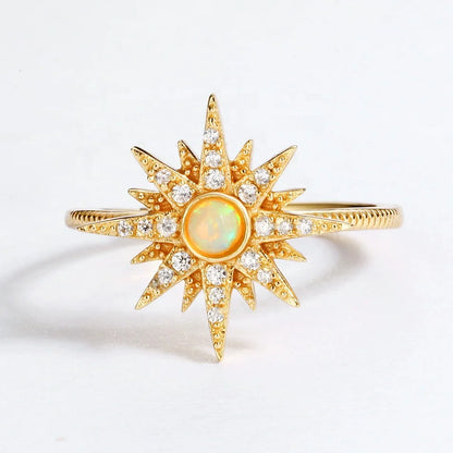 Fashion women gold vermeil created jewellery sun star 925 silver synthetic opal ring